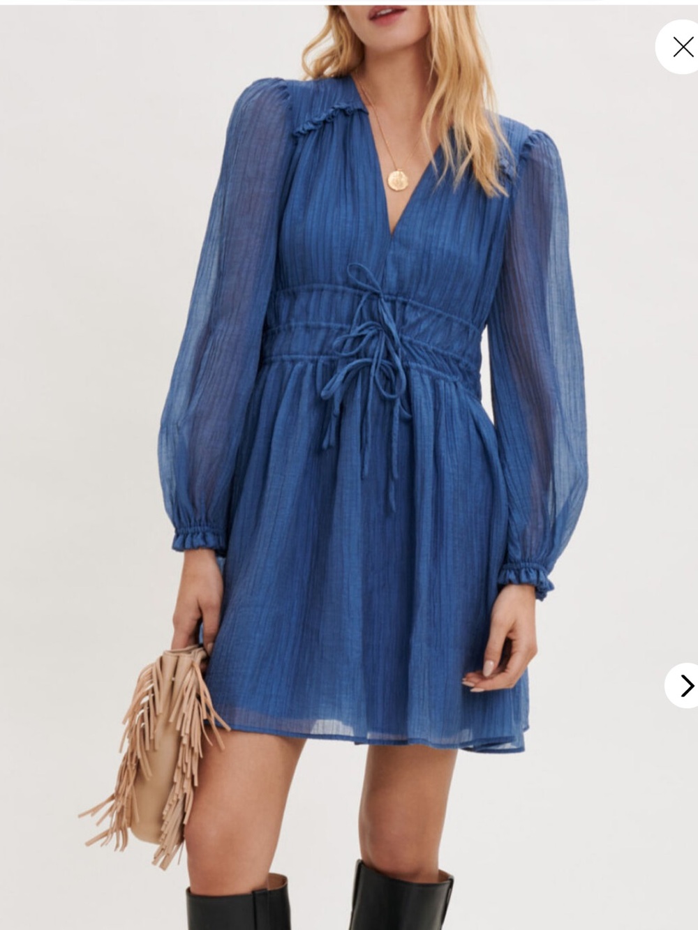 Maje Riala V neck Dress Blue Boho Long Sleeve Size 36 US Small / 4